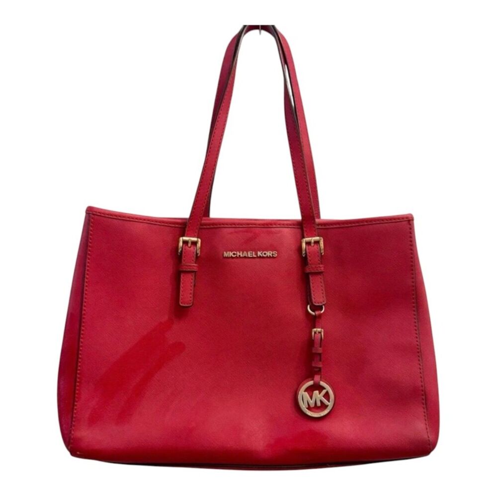 Michael Kors Jet Set Travel Tote Red Saffiano Leather Shoulder Bag MK Medallion